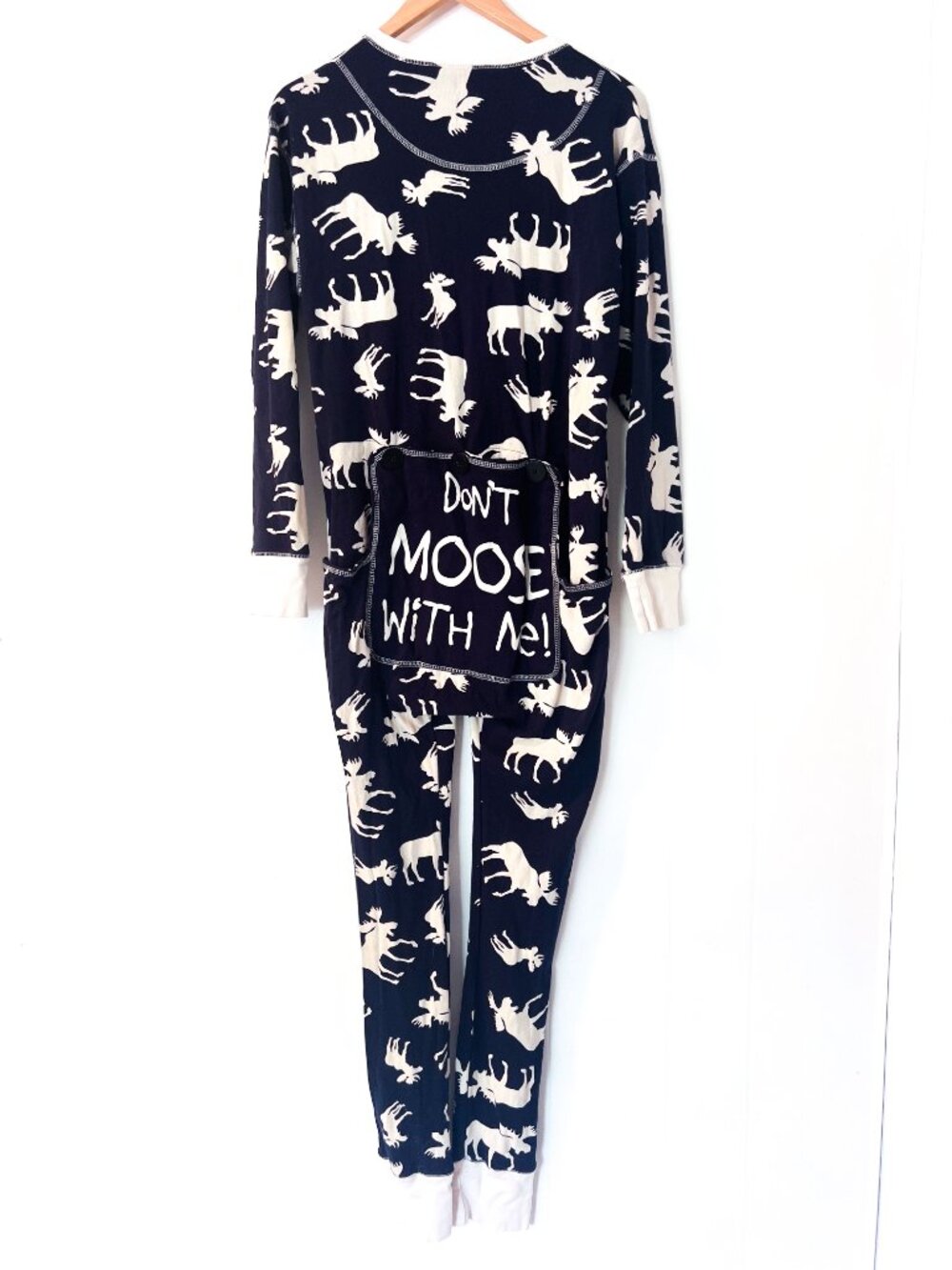 Lazy One Adult Unisex Classic Moose FlapJack Onesie Pajamas Navy Blue Tan Medium - Picture 3 of 10